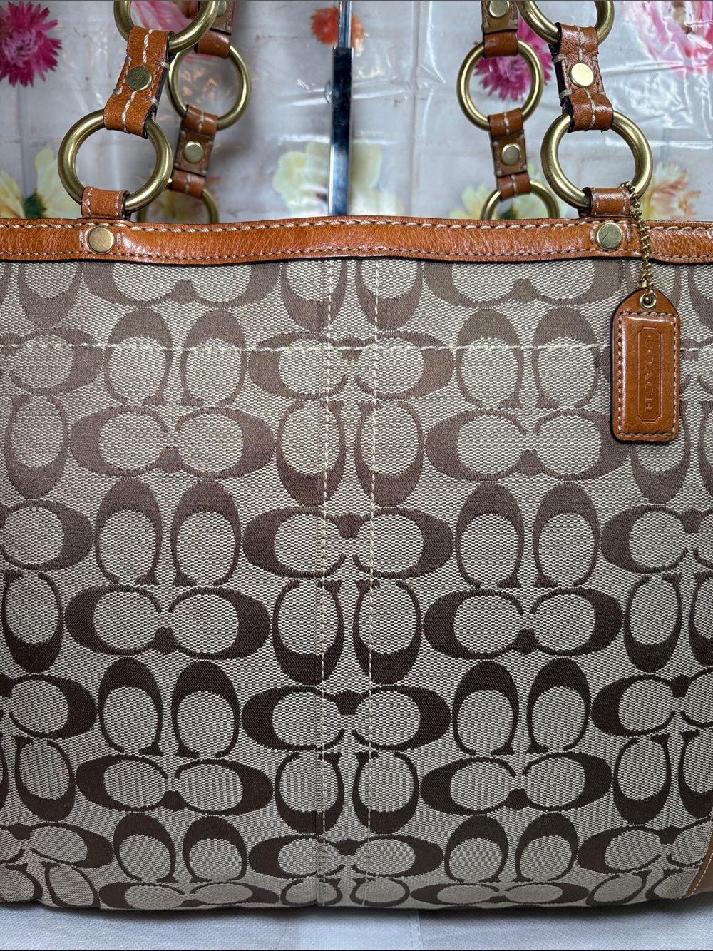 2007 Coach Brass Turnlock Buckle Straps Signature Canvas Camel Leather 15x11x4 - Picture 3 of 15